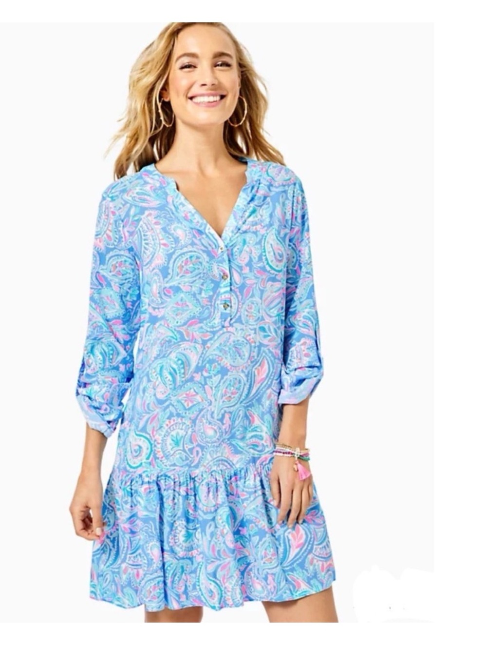 Lilly Pulitzer Charlee tunic Blue Paisley Long Sleeve Dress resort pink label xl